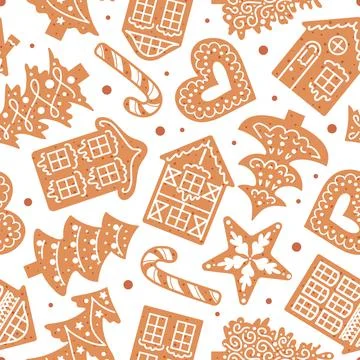 Gingerbread decorated with icing. On a white background. Christmas seamless Stock Illustration
