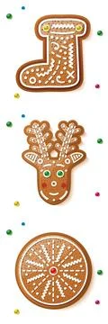Gingerbread Deer, Circle Cookie and Boot Isolated on White. Stock Illustration