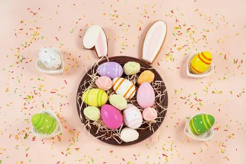 Gingerbread easter bunny ears and painted easter eggs on plate Stock Photos