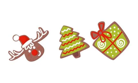 Gingerbread Figures with Gift Box and Fir Tree Vector Set Illustrazione stock