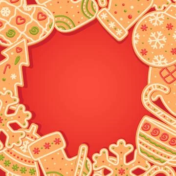 Gingerbread frame. Assortment cookie with glaze. Flat, cartoon, vector Stock-Illustration