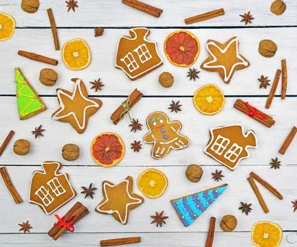 Gingerbread ginger, sweets different set . Christmas pattern. beautiful top v Stock Photos