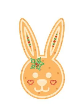 Gingerbread hare. Cookie rabbit. Cute Christmas bake. Flat, cartoon, vector Stock Illustration