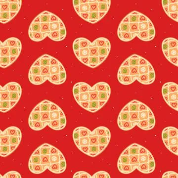 Gingerbread heart. Christmas red seamless pattern. Flat, cartoon, vector Illustrazione stock