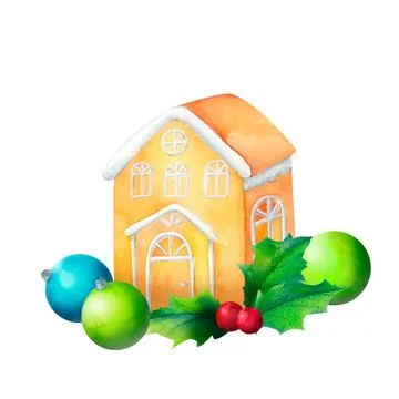 Gingerbread house and festive elements: Watercolor illustration traditional c Stock-Illustration