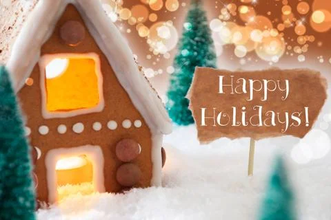 Gingerbread House, Bronze Background, Text Happy Holidays Stock Photos