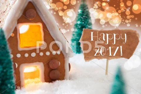 Gingerbread House, Bronze Background, Text Happy 2017 Stock Photos