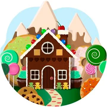 Gingerbread house with Candy trees and sweet mountains in the background Stock Illustration