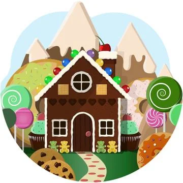 Gingerbread house with Candy trees and sweet mountains in the background Stock Illustration