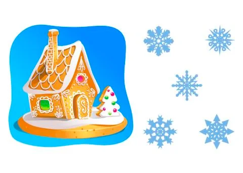 Gingerbread house decorated candy icing and a set of snowflakes isolated  Stock Illustration