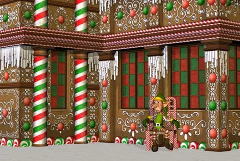 Gingerbread House with Elf Stock-Illustration