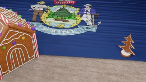 Gingerbread house with the flag of Maine on the table Stock Footage 167764894