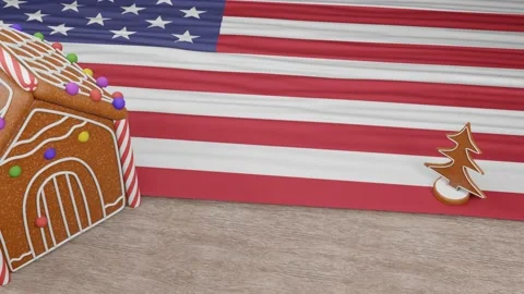 Gingerbread house with the flag of USA on the table Video stock 167764863