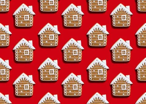Gingerbread house pattern red seamless background Stock Photos