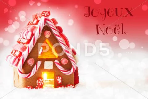 Gingerbread House, Red Background, Joyeux Noel Means Merry Christmas Stock Photos