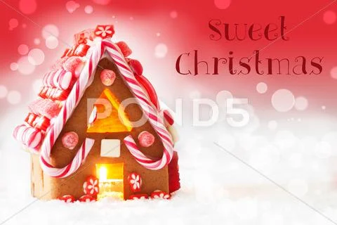 Gingerbread House, Red Background, Text Sweet Christmas Stock Photos