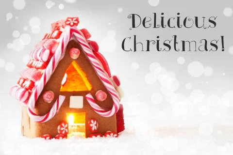 Gingerbread House, Silver Background, Text Delicious Christmas Stock Photos
