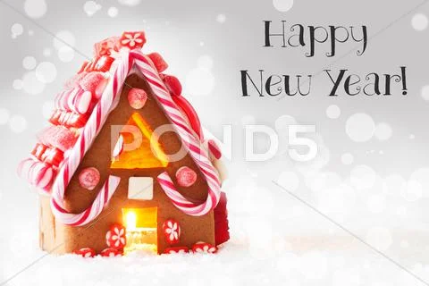 Gingerbread House, Silver Background, Text Happy New Year Stock Photos