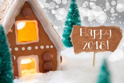 Gingerbread House, Silver Background, Text Happy 2018 Stock Photos