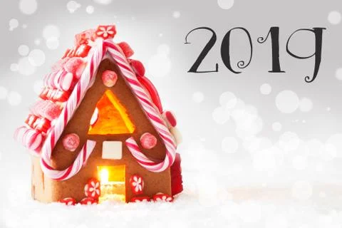 Gingerbread House, Silver Bokeh Background, Text 2019, Snow Stock Photos