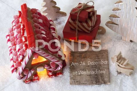 Gingerbread House, Sled, Snow, Weihnachten Means Christmas Stock Photos