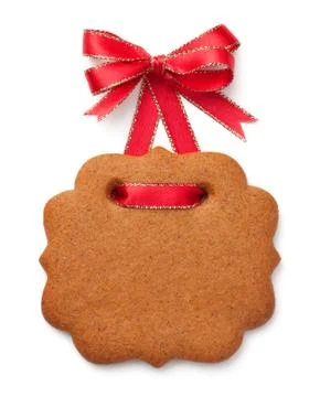 Gingerbread Label Cookie with Ribbon Bow Isolated on White Background Stock Photos