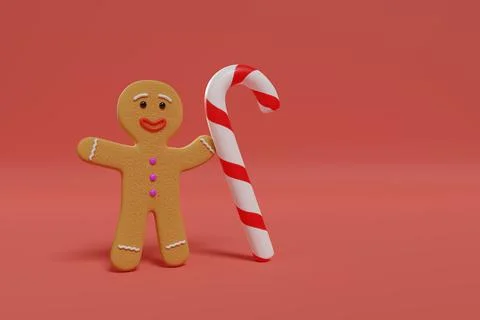Gingerbread man and candy cane on red background. Christmas concept. 3d illus Stock Illustration
