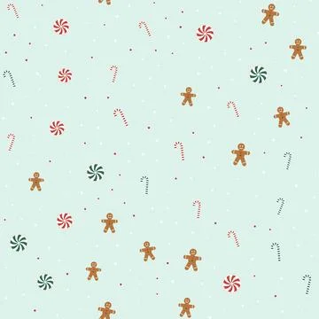 Gingerbread man and candy cane seamless pattern with peppermint swirl candies, Stock Illustration