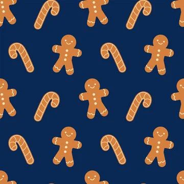 Gingerbread man and Christmas candy cane cookie seamless pattern Stock Illustration