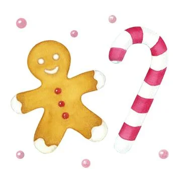 Gingerbread man, candy cane and pink sugar pills. Watercolor illustration Stock Illustration