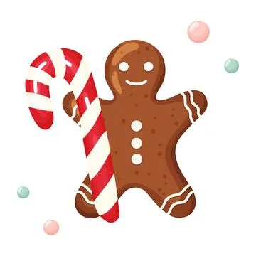 Gingerbread Man with Candy Cane and Gumdrops Stock Illustration