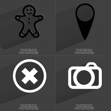 Gingerbread man, Checkpoint, Stop sign, Camera. Symbols with long shadow. Flat d Stock Illustration