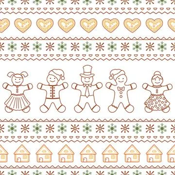 Gingerbread man christmas seamless pattern with festive cookies and snowfla.. Stock Illustration