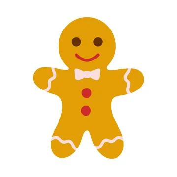 Gingerbread man cookie with red buttons, bow tie, and smiling face. Colorfu.. Stock Illustration