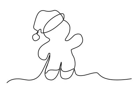 Gingerbread man cookie in Santa hat, line art style vector Stock Illustration