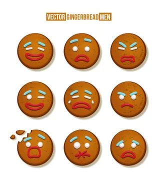 Gingerbread man cookies faces with different emotions set. Christmas candy Stock Illustration
