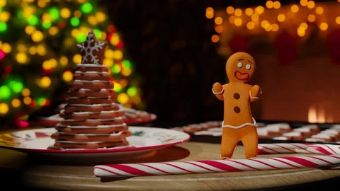 Gingerbread man dance on the table. Celebration concept.Looped Christmas animati Stock Footage 256611173