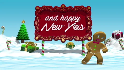 Gingerbread man dancing in front of red Merry Christmas and Happy New Year sign  Stock Footage 292594260