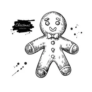 Gingerbread man decorated with icing. Hand drawn vector illustra Illustrazione stock