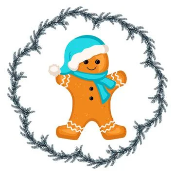 Gingerbread man, decoration for new year, Christmas and holidays in fir tree Stock Illustration