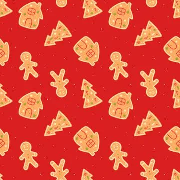 Gingerbread man, fir tree, house. Christmas red seamless pattern. Flat, cartoon Stock Illustration