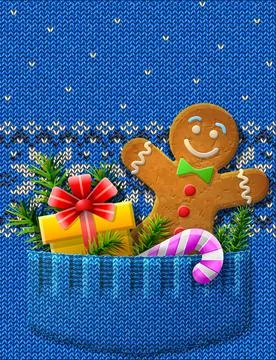 Gingerbread man, gift, candy cane, pine twigs in knitted pocket Stock Illustration