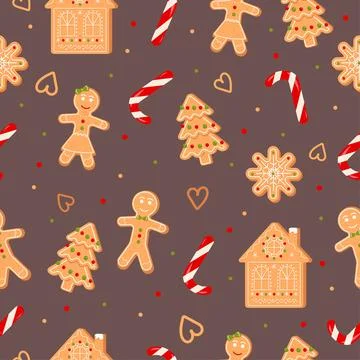 Gingerbread man, house, tree and candy seamless pattern on brown background Stock Illustration