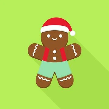 Gingerbread man with Santa hat and red suspenders on light green background Stock Illustration
