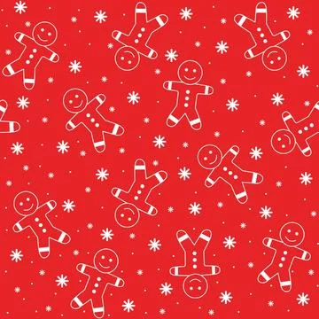 Gingerbread Man seamless pattern background. white on red background Stock Illustration