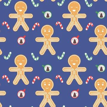 Gingerbread man seamless pattern. Christmas festive background with candy and Stock Illustration