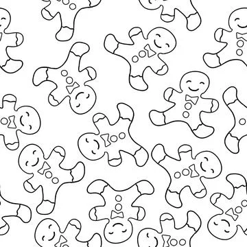 Gingerbread man seamless pattern in outline doodle style. Christmas and New.. Stock Illustration