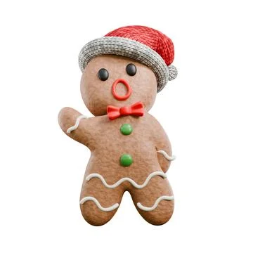 Gingerbread man singing wearing Santa hat 3D Stock Illustration