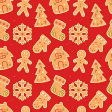Gingerbread man, snowflake, mitten, stocking. Christmas red seamless pattern Stock Illustration