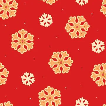 Gingerbread man, stocking, mitten. Christmas red seamless pattern. Flat, cartoon Stock Illustration